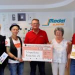 Auf dem Bild von links: Stefan Labus und Steffi List, Vorsitzender und Botschafterin der Schweinfurter Kindertafel, Matthias Madei sowie die Seniorchefs Doris und Lothar Madei von der Firma Madei Elektro in Grettstadt. Foto: Michael Horling