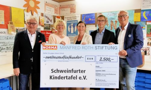 Unser Bild zeigt von links: Den Vorsitzenden der Kindertafel Stefan Labus, seine stellvertreterin Dagmar Bebersdorf, Maike Kremzer und Christian Hirn von der Norma-Einkaufsleitung und Kindertafel-Botschafter Peter Kruse Foto: Michael Horling